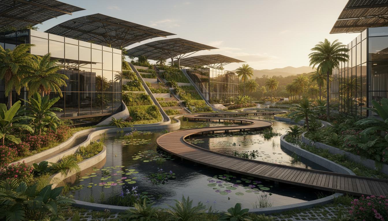 可持续基础设施，包括太阳能电池板和原生植被恢复